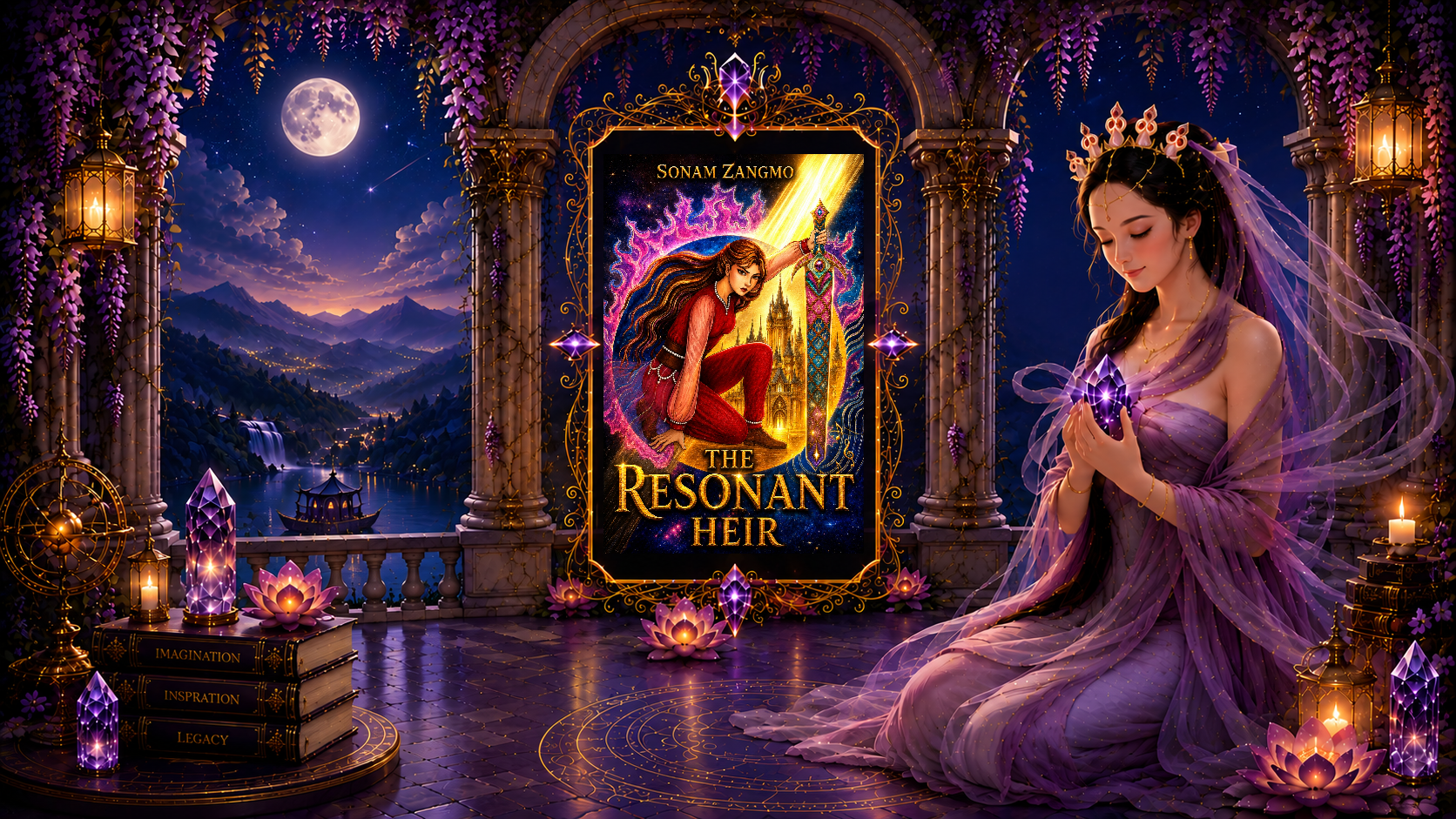 A jewel-toned fantasy fiction artwork featuring moonlit mountains, wisteria, a framed cover of The Resonant Heir, and a woman in a flowing lavender gown holding a glowing purple gem.