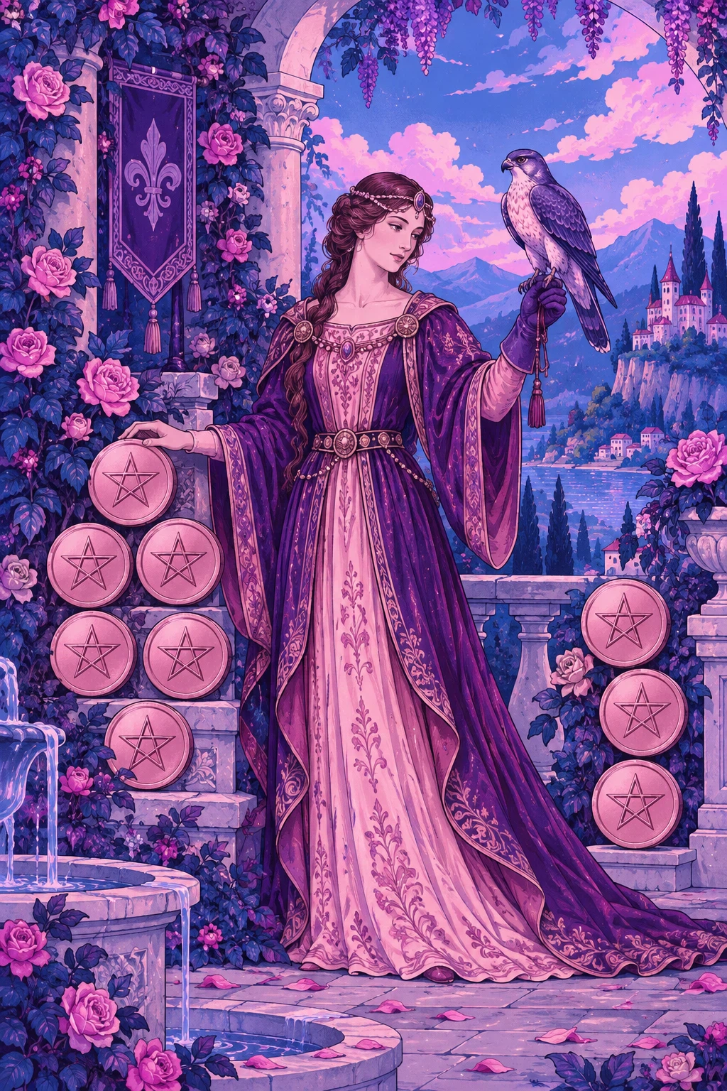 Nine of Pentacles — original Sonam Zangmo Tarot illustration
