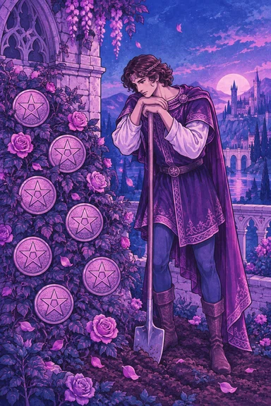 Seven of Pentacles — Sonam Zangmo Tarot illustration